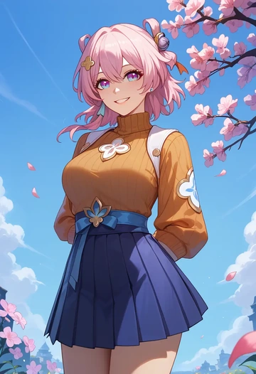 star rail,march 7th,skirt,pleated,turtleneck sweater  - AI generated anime art